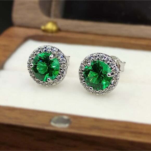 Jewelry - 2.50CT Green Emerald Round Cut Halo Luxury Stud Earrings in Sterling Silver